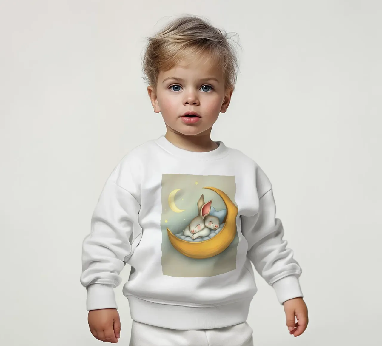 Due conigli che dormono tranquilli su una luna crescente felpa neonato da DesignDoodle