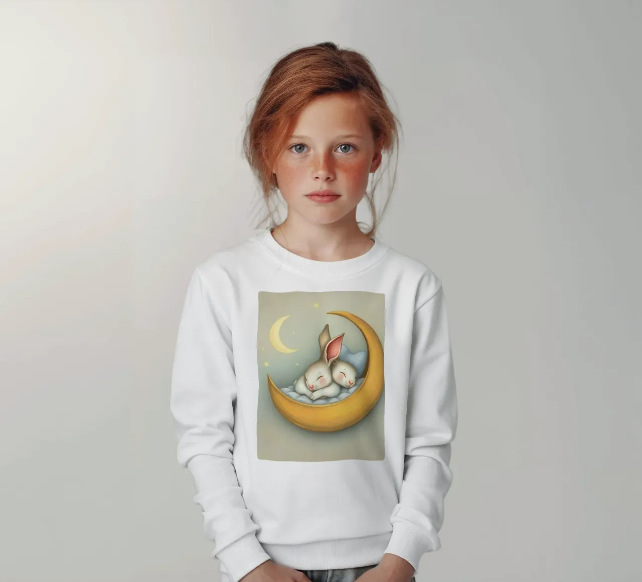 Due conigli che dormono tranquilli su una luna crescente felpa bambino da DesignDoodle