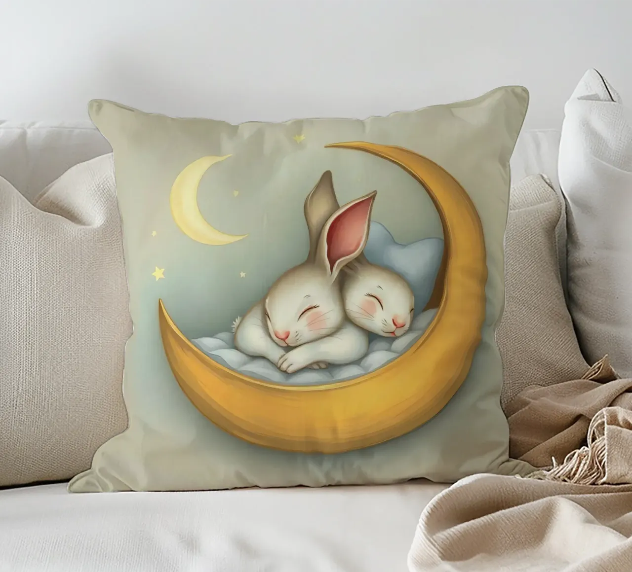 Zwei Kaninchen schlafen friedlich auf einer Mondsichel Kissen von DesignDoodle