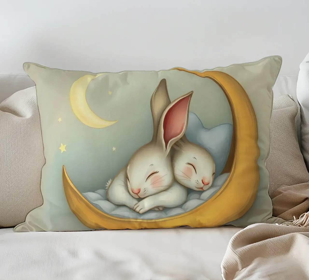 Zwei Kaninchen schlafen friedlich auf einer Mondsichel Kissen von DesignDoodle