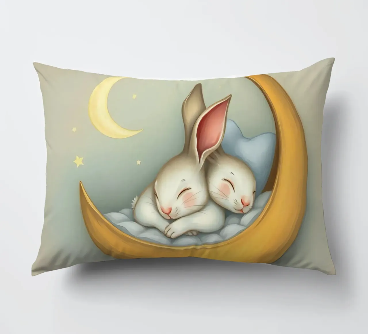 Due conigli che dormono tranquilli su una luna crescente cuscino da DesignDoodle