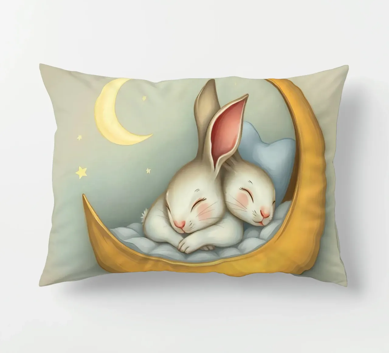Due conigli che dormono tranquilli su una luna crescente cuscino da DesignDoodle