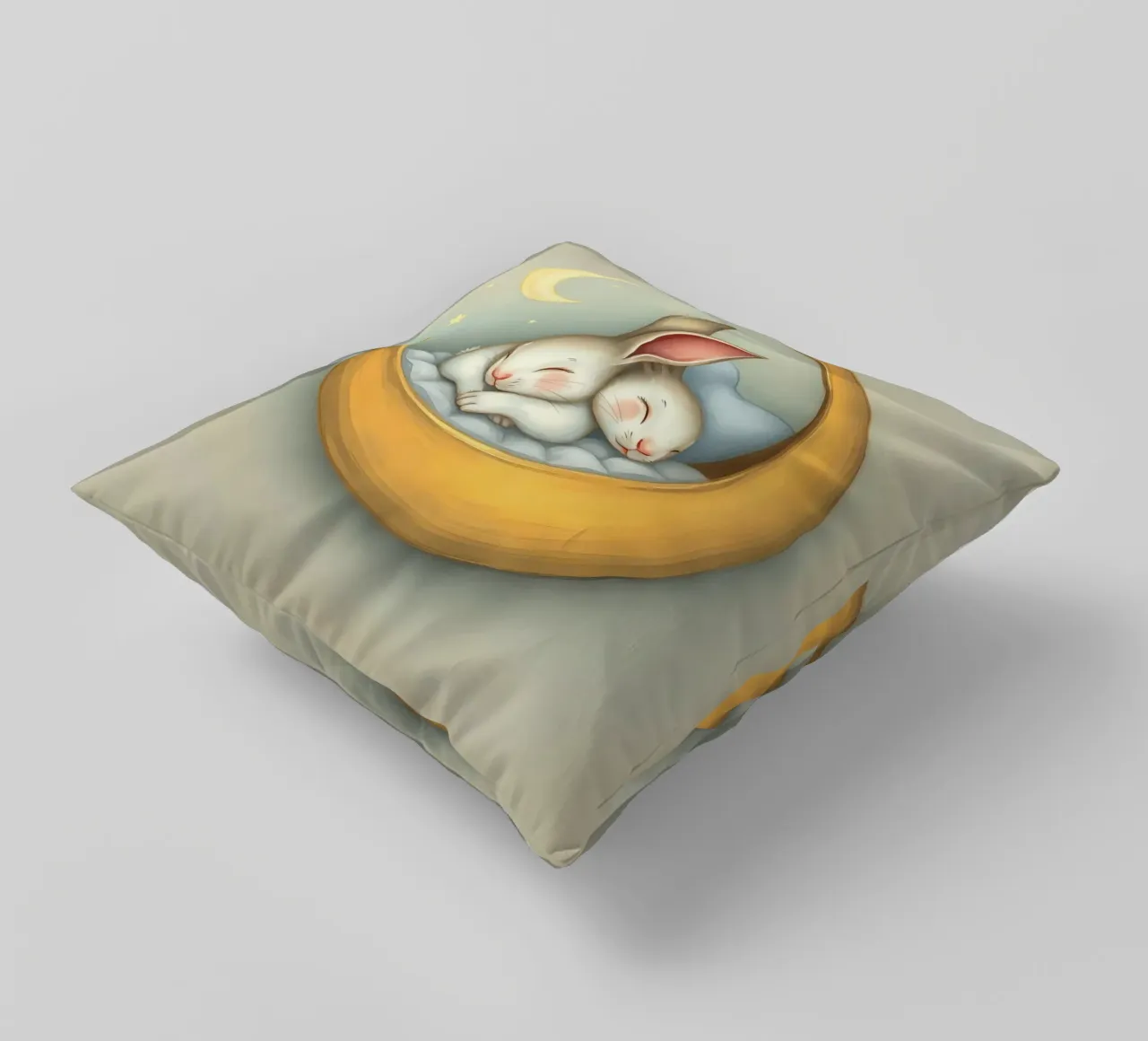 Due conigli che dormono tranquilli su una luna crescente cuscino da DesignDoodle