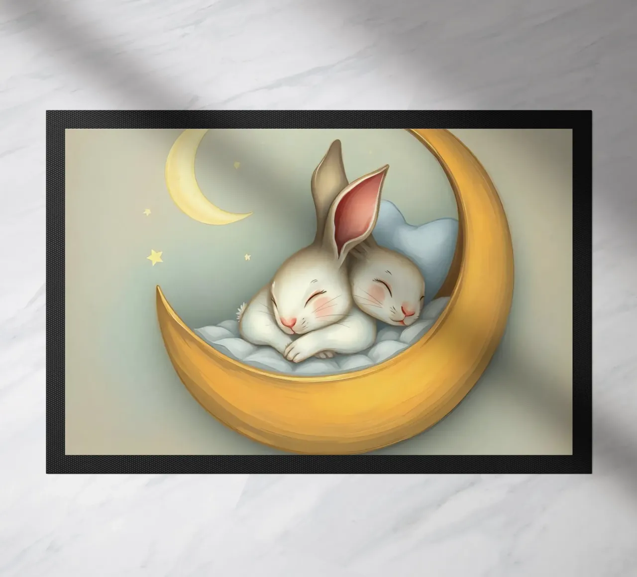 Due conigli che dormono tranquilli su una luna crescente zerbino da DesignDoodle