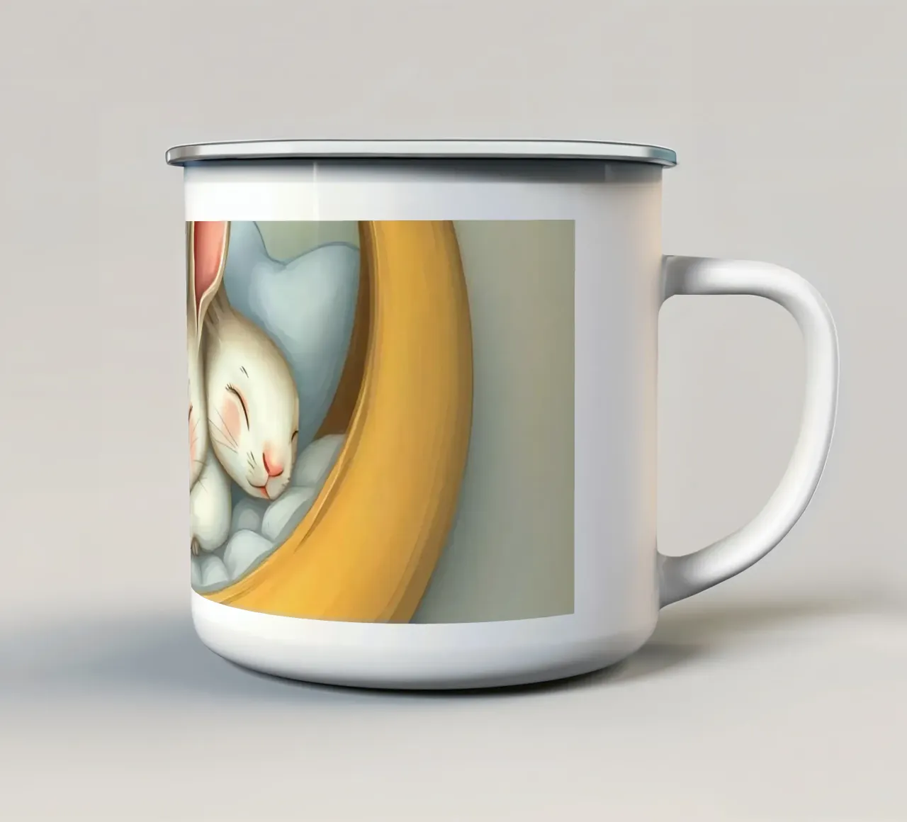 Due conigli che dormono tranquilli su una luna crescente tazza in smalto da DesignDoodle