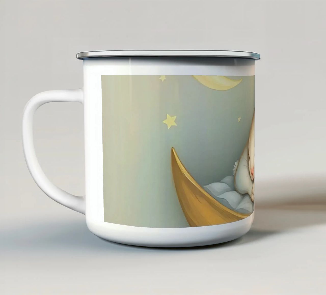 Due conigli che dormono tranquilli su una luna crescente tazza in smalto da DesignDoodle