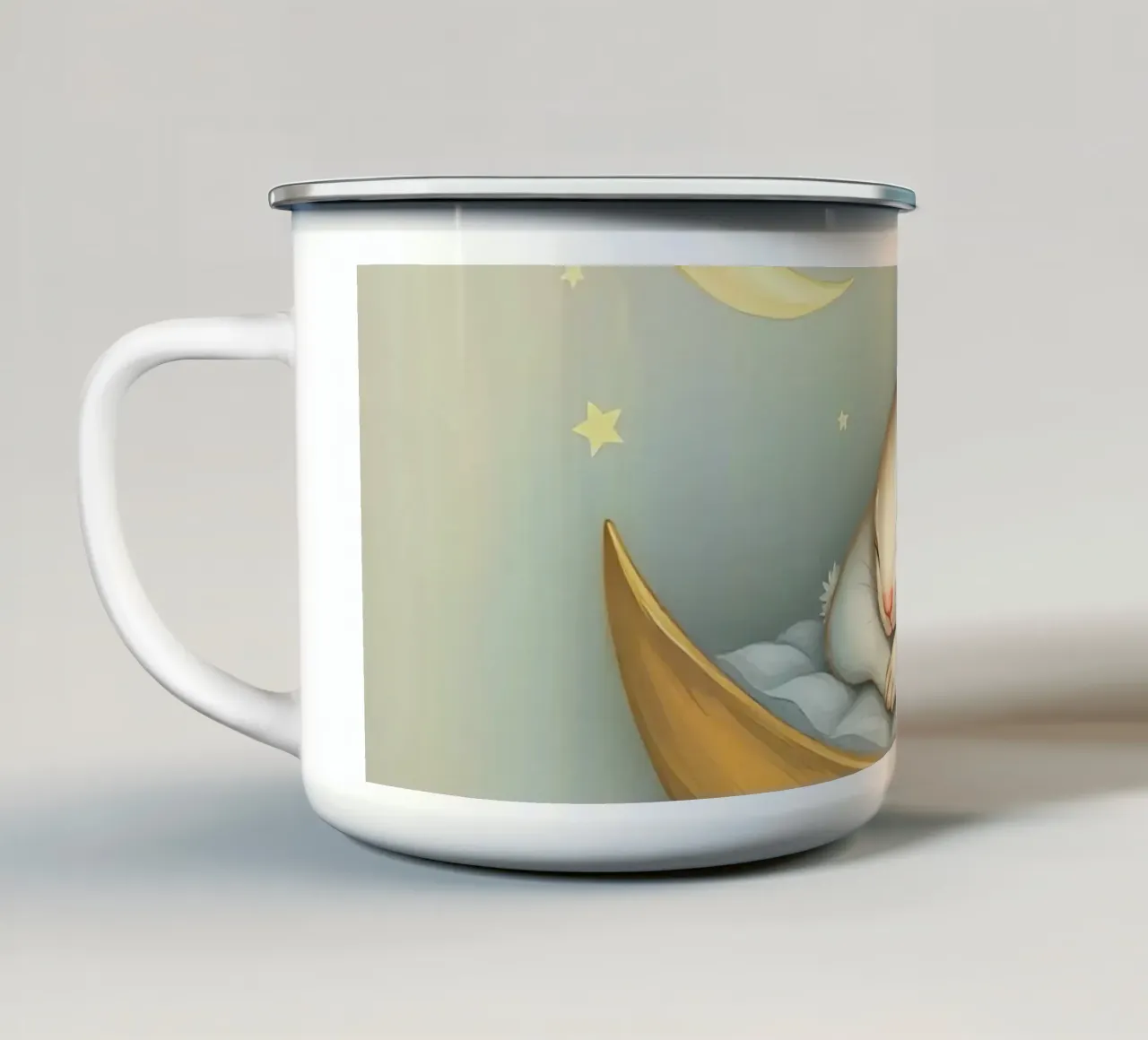 Due conigli che dormono tranquilli su una luna crescente tazza in smalto da DesignDoodle
