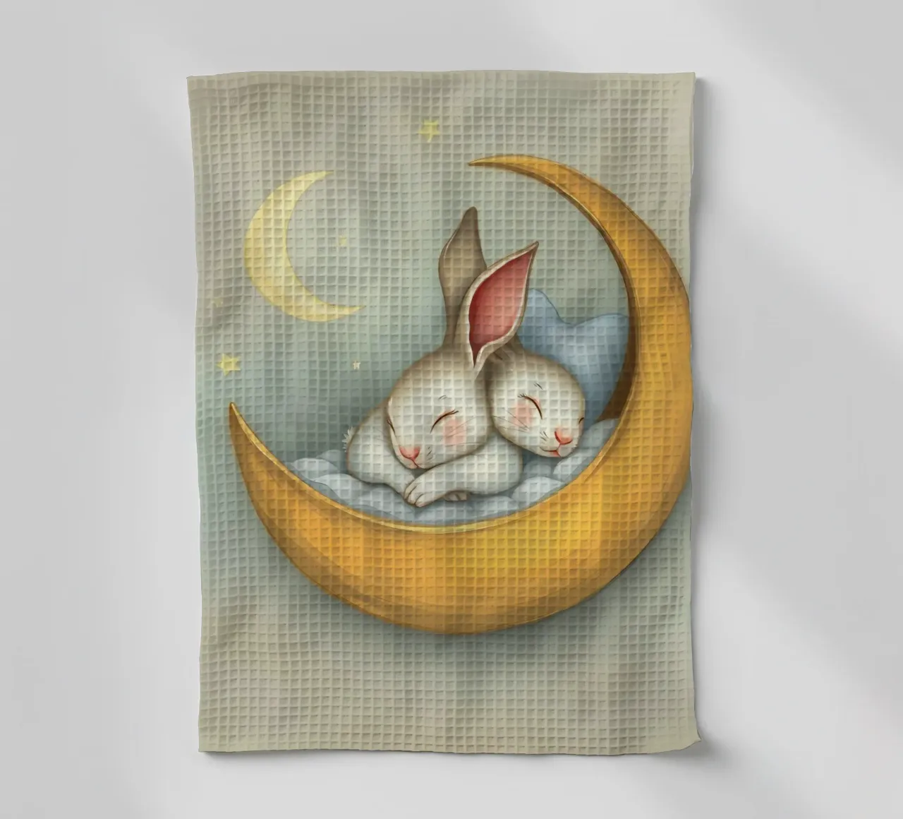 Due conigli che dormono tranquilli su una luna crescente canovaccio da cucina da DesignDoodle