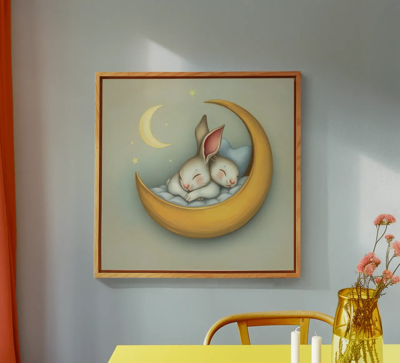 Two rabbits sleeping peacefully on a crescent moon acrylic glass by DesignDoodle