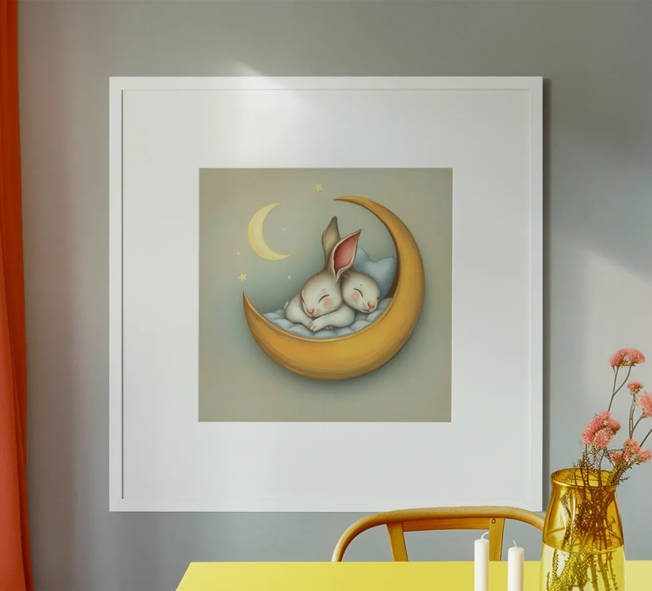 Due conigli che dormono tranquilli su una luna crescente poster con telaio in plastica da DesignDoodle