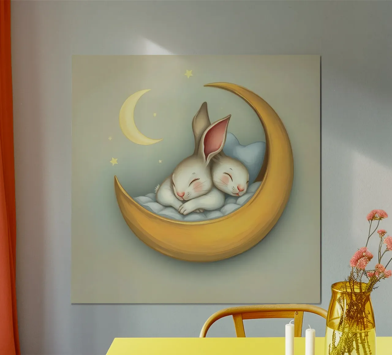Due conigli che dormono tranquilli su una luna crescente poster con telaio in plastica da DesignDoodle