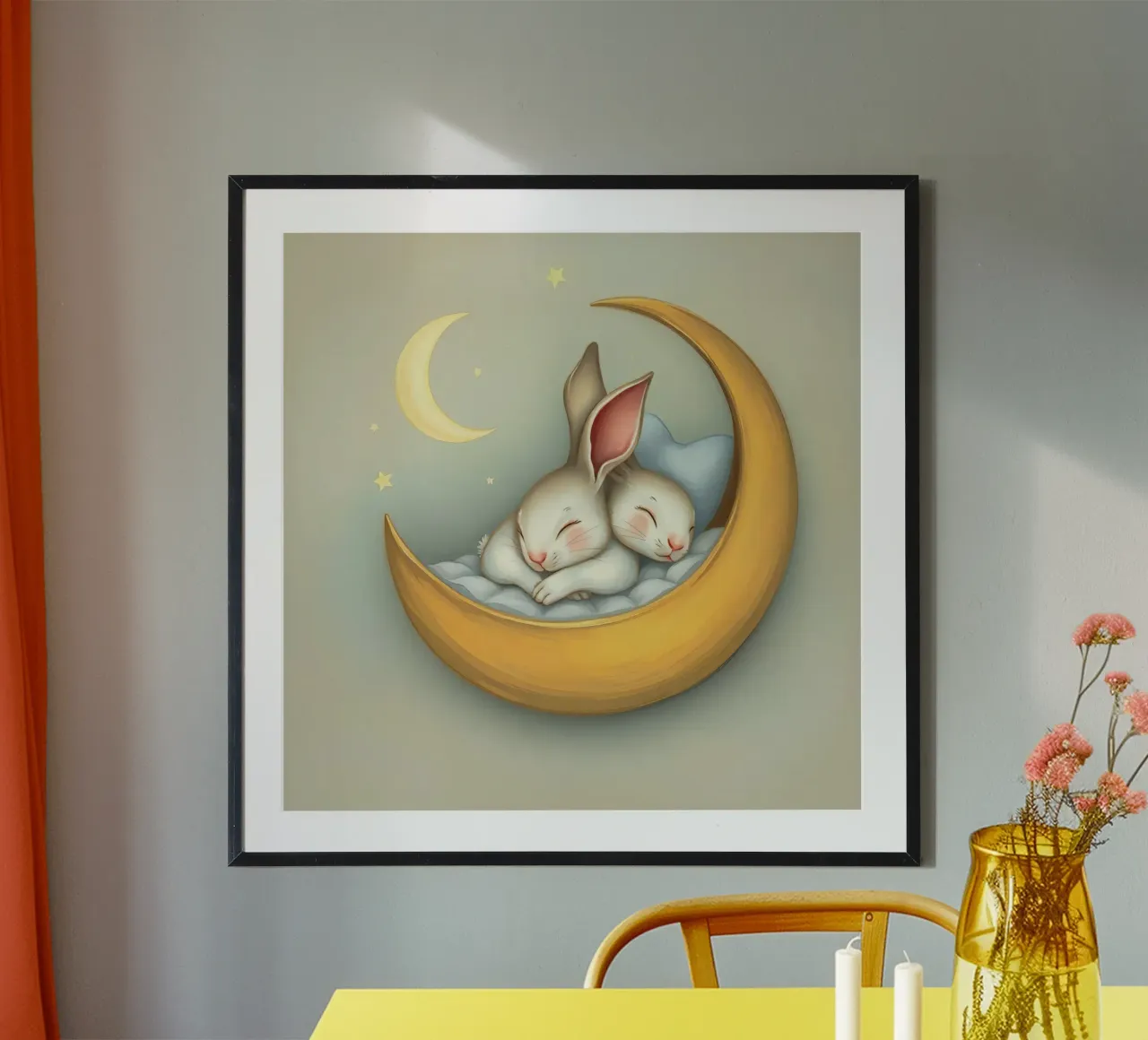 Due conigli che dormono tranquilli su una luna crescente poster con telaio in plastica da DesignDoodle
