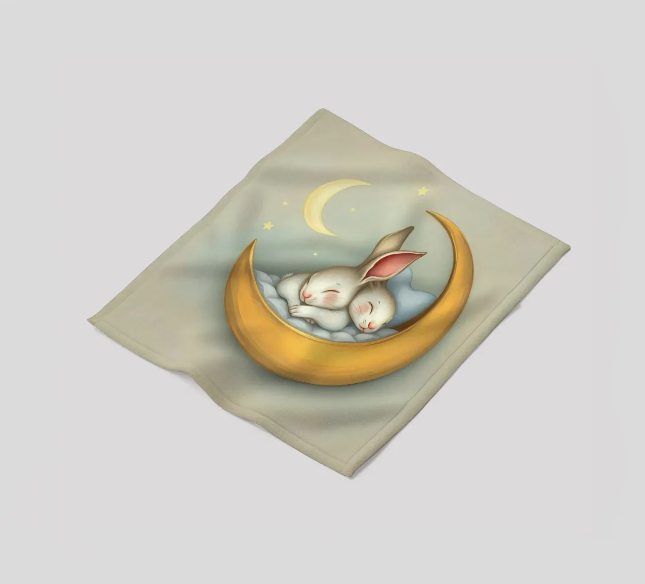 Due conigli che dormono tranquilli su una luna crescente coperta in pile da DesignDoodle