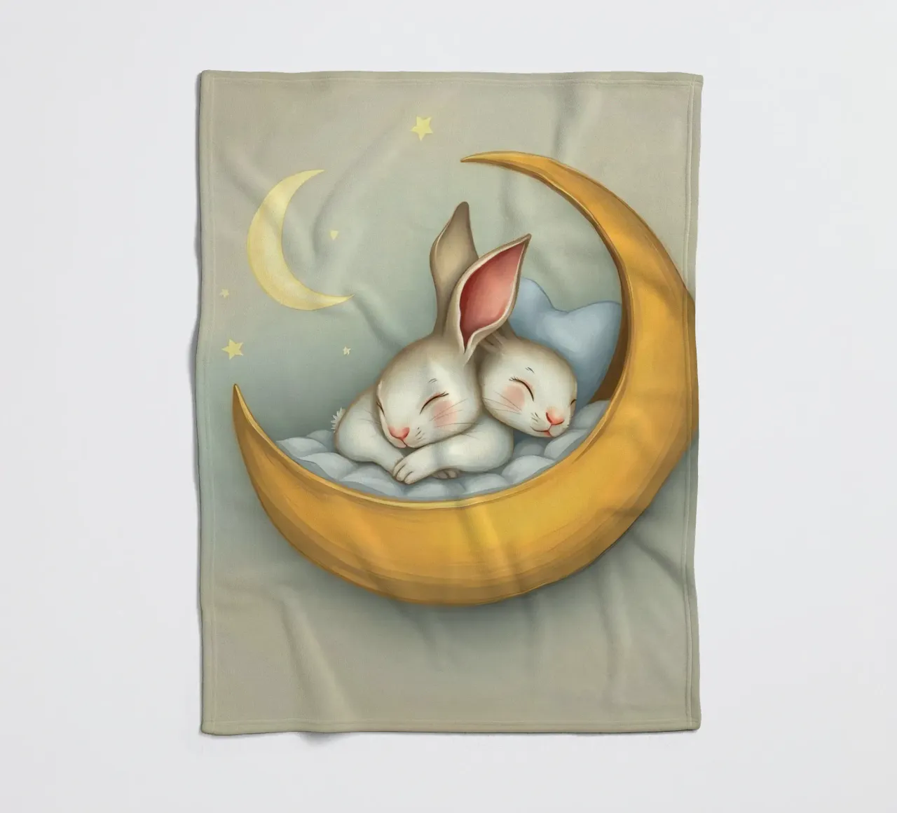 Due conigli che dormono tranquilli su una luna crescente coperta in pile da DesignDoodle