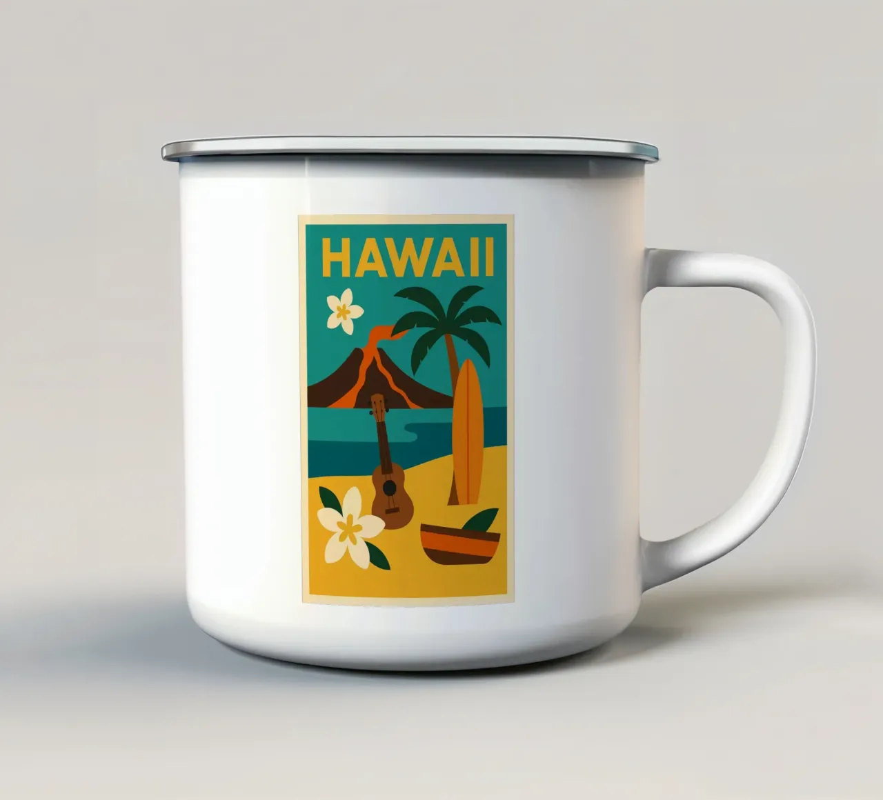 Hawaii - Aloha-geest tussen vulkaan, branding en ukelele emaille mok van JETLAG | affiches voyage