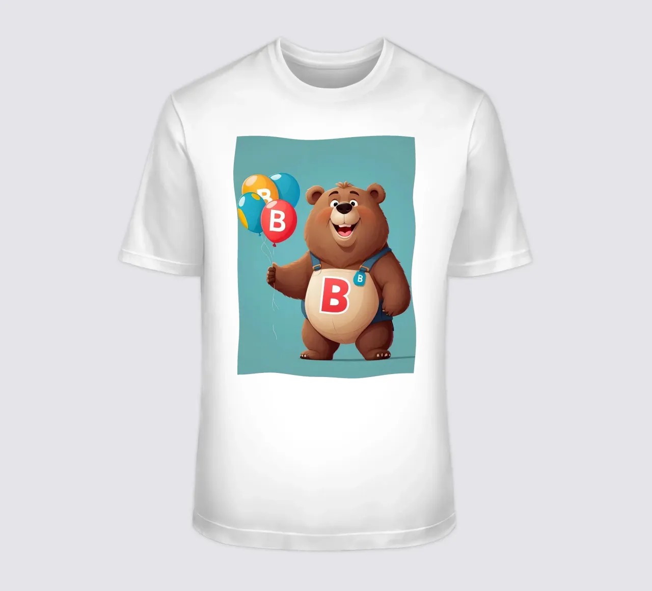 Orsetto allegro dei cartoni animati che tiene in mano dei palloncini indossando la letteraB t-shirt da DesignDoodle
