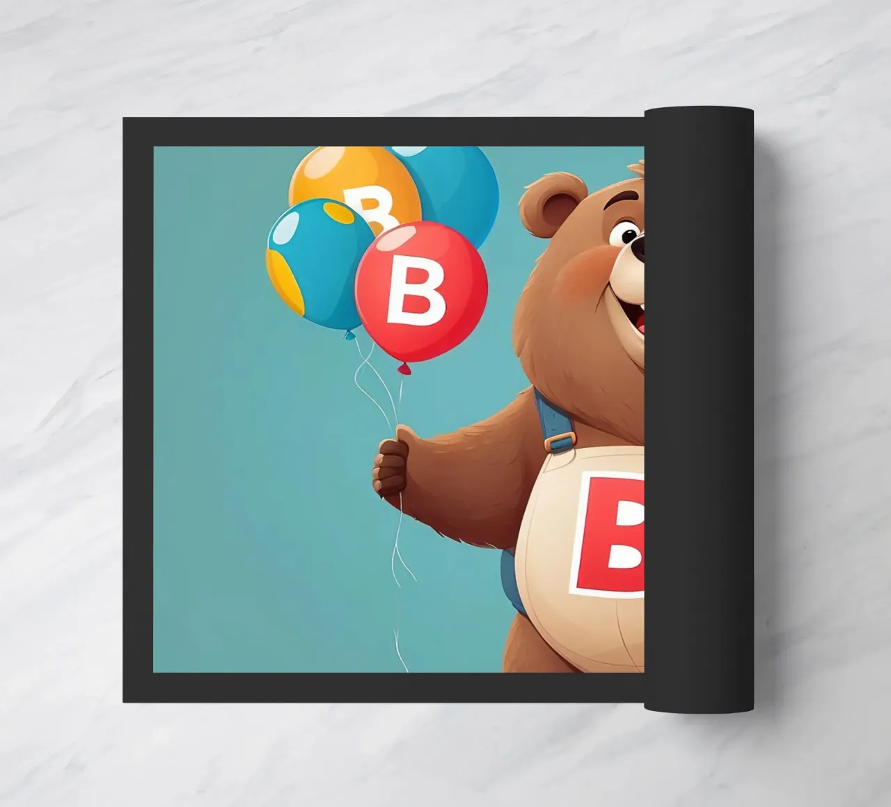 Orsetto allegro dei cartoni animati che tiene in mano dei palloncini indossando la letteraB zerbino da DesignDoodle