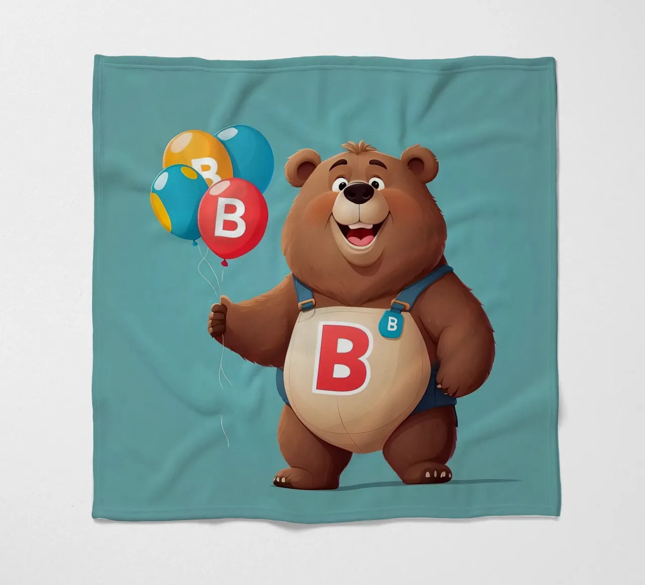 Orsetto allegro dei cartoni animati che tiene in mano dei palloncini indossando la letteraB coperta in pile da DesignDoodle