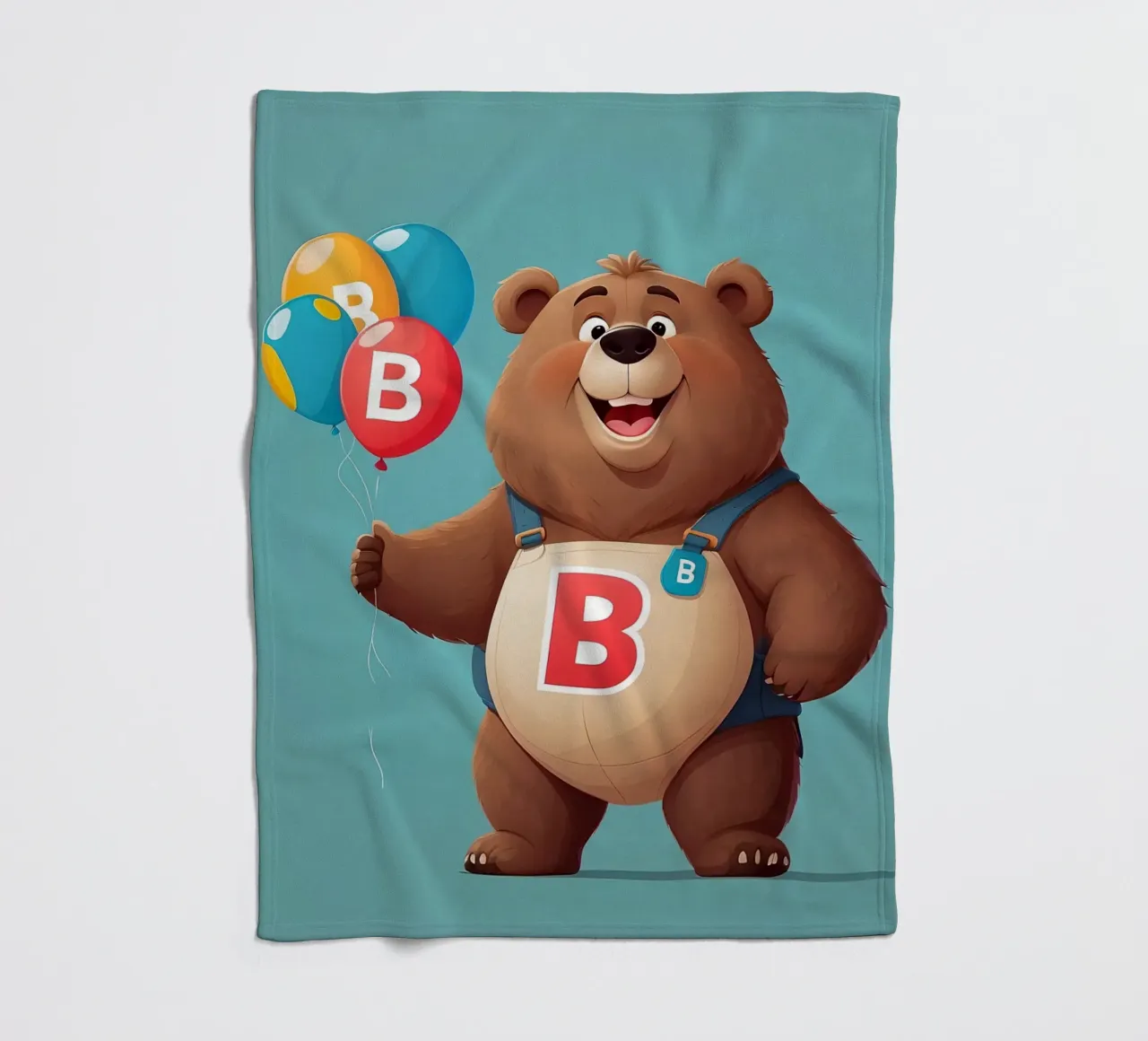 Orsetto allegro dei cartoni animati che tiene in mano dei palloncini indossando la letteraB coperta in pile da DesignDoodle