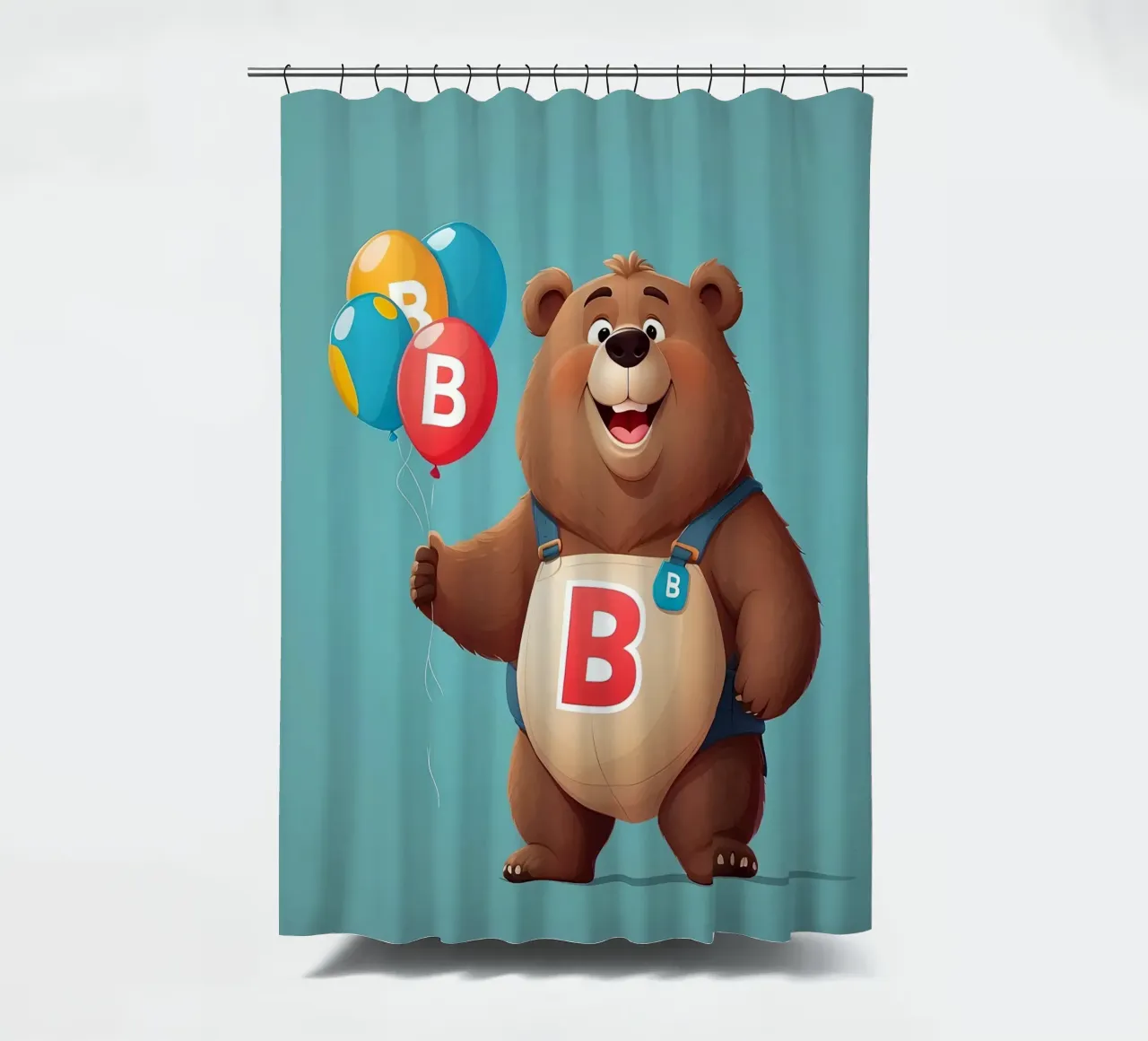 Orsetto allegro dei cartoni animati che tiene in mano dei palloncini indossando la letteraB tenda da doccia da DesignDoodle