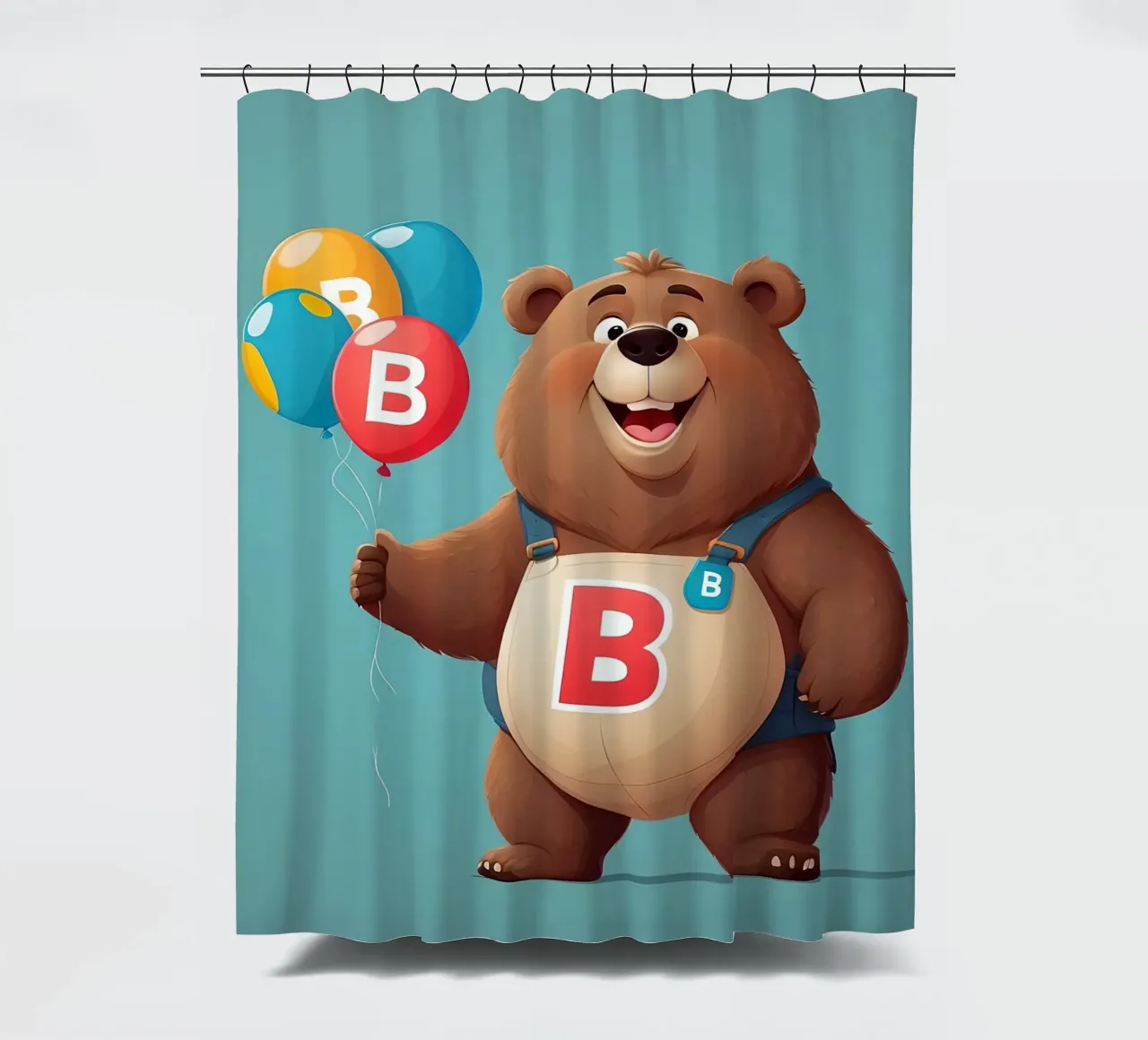 Orsetto allegro dei cartoni animati che tiene in mano dei palloncini indossando la letteraB tenda da doccia da DesignDoodle
