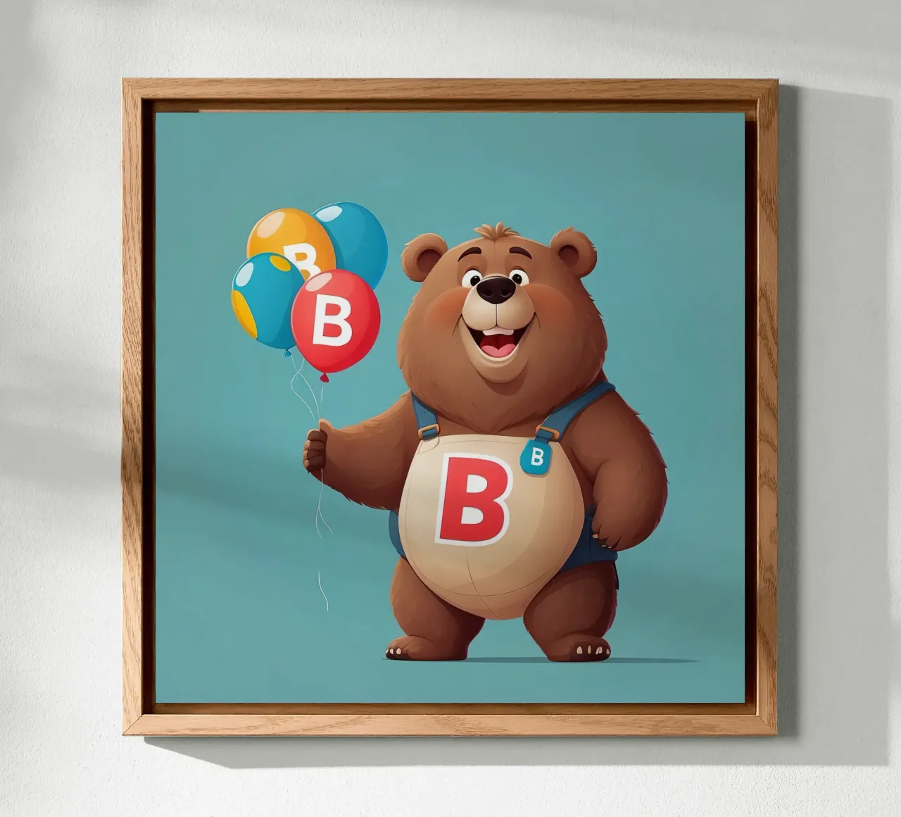 Orsetto allegro dei cartoni animati che tiene in mano dei palloncini indossando la letteraB alluminio dibond da DesignDoodle