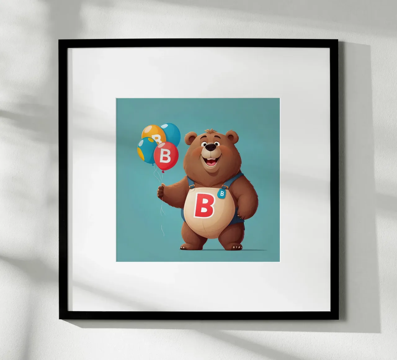 Orsetto allegro dei cartoni animati che tiene in mano dei palloncini indossando la letteraB carta hahnemühle da DesignDoodle