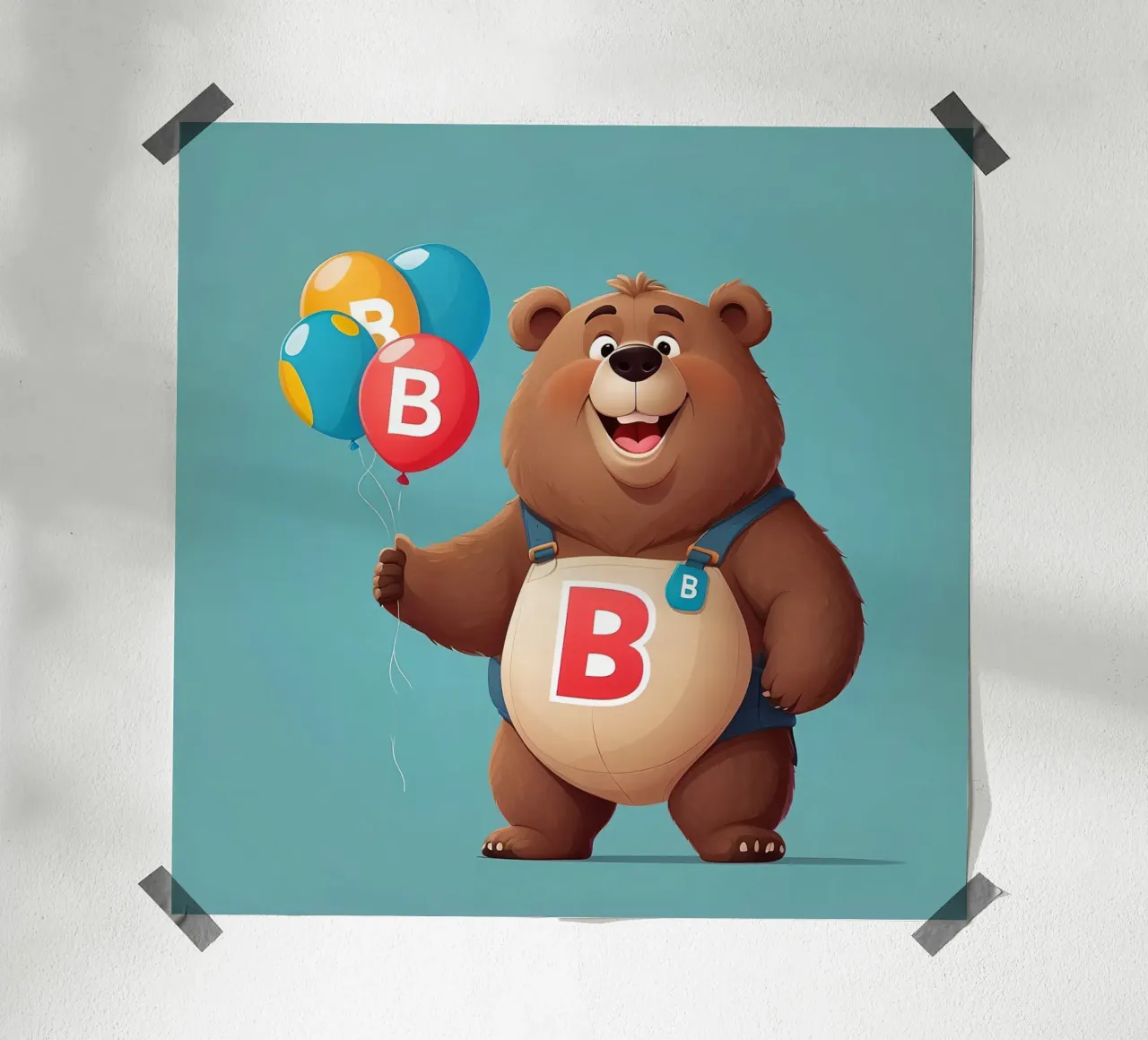 Orsetto allegro dei cartoni animati che tiene in mano dei palloncini indossando la letteraB carta hahnemühle da DesignDoodle