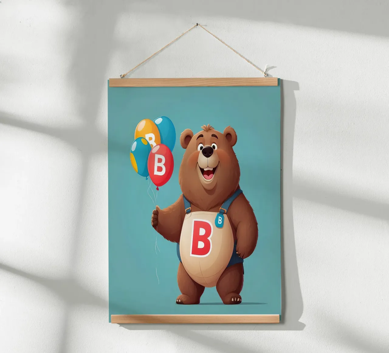 Orsetto allegro dei cartoni animati che tiene in mano dei palloncini indossando la letteraB carta hahnemühle da DesignDoodle