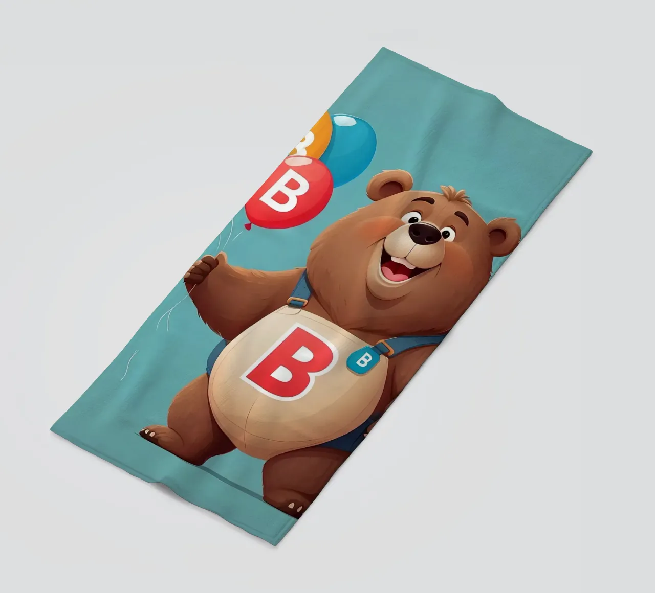 Orsetto allegro dei cartoni animati che tiene in mano dei palloncini indossando la letteraB telo mare da DesignDoodle