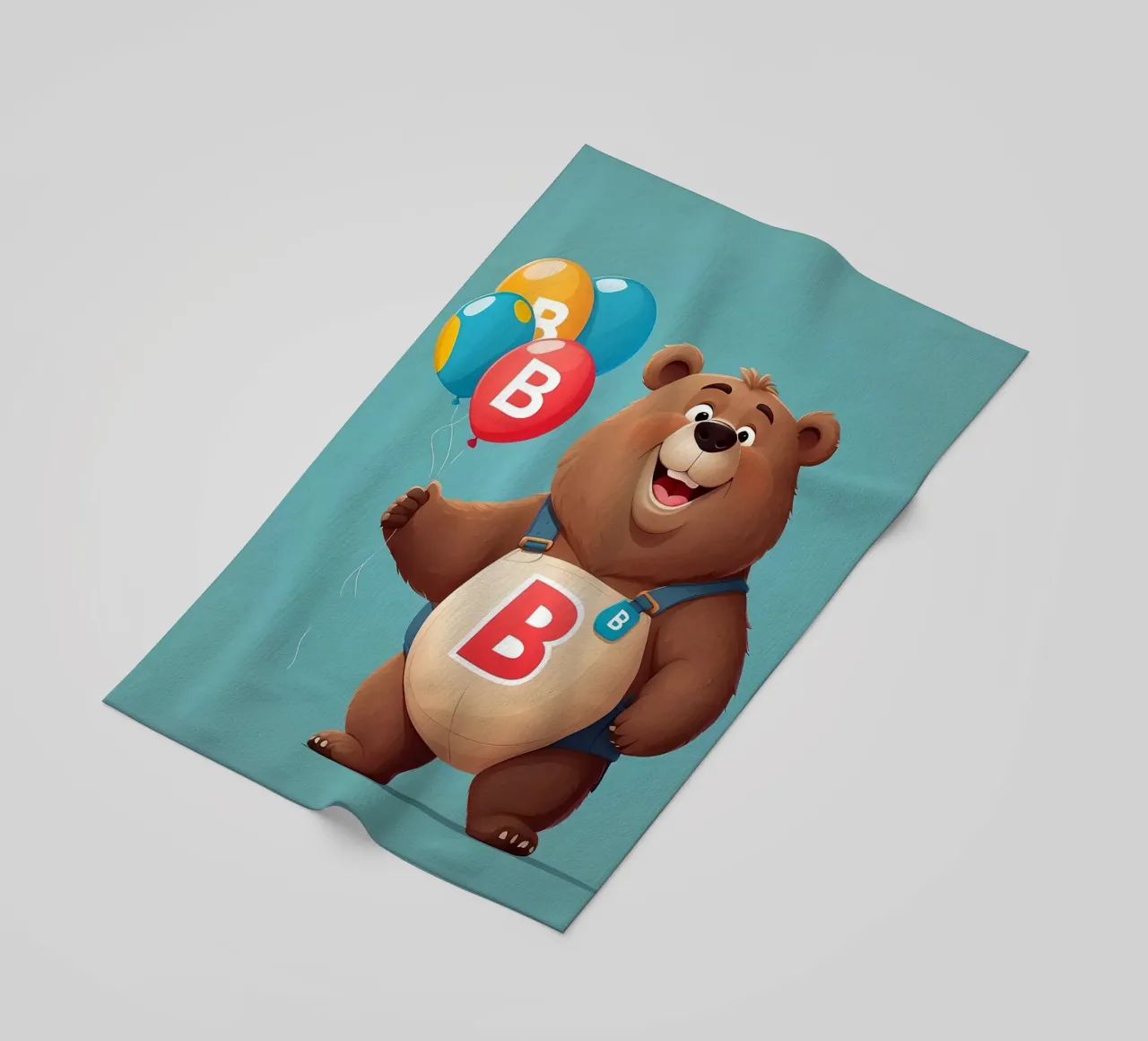 Orsetto allegro dei cartoni animati che tiene in mano dei palloncini indossando la letteraB telo mare da DesignDoodle