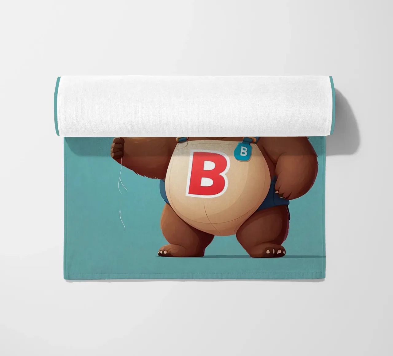 Orsetto allegro dei cartoni animati che tiene in mano dei palloncini indossando la letteraB telo mare da DesignDoodle