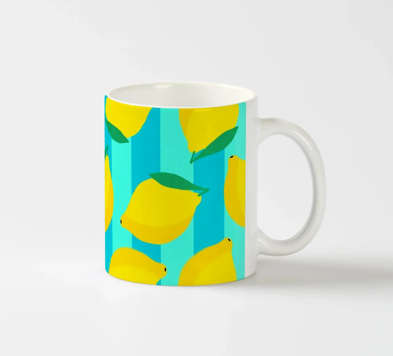 Lemons pattern on aqua and turquoise stripes ceramic mug by Dominique Vari