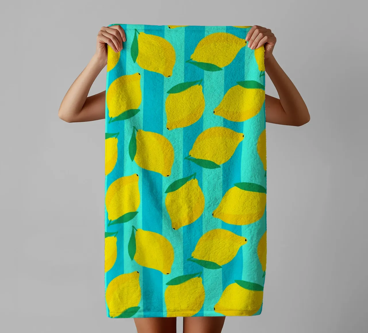 Lemons pattern on aqua and turquoise stripes towel by Dominique Vari