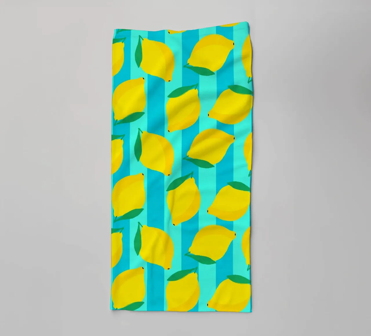 Lemons pattern on aqua and turquoise stripes towel by Dominique Vari