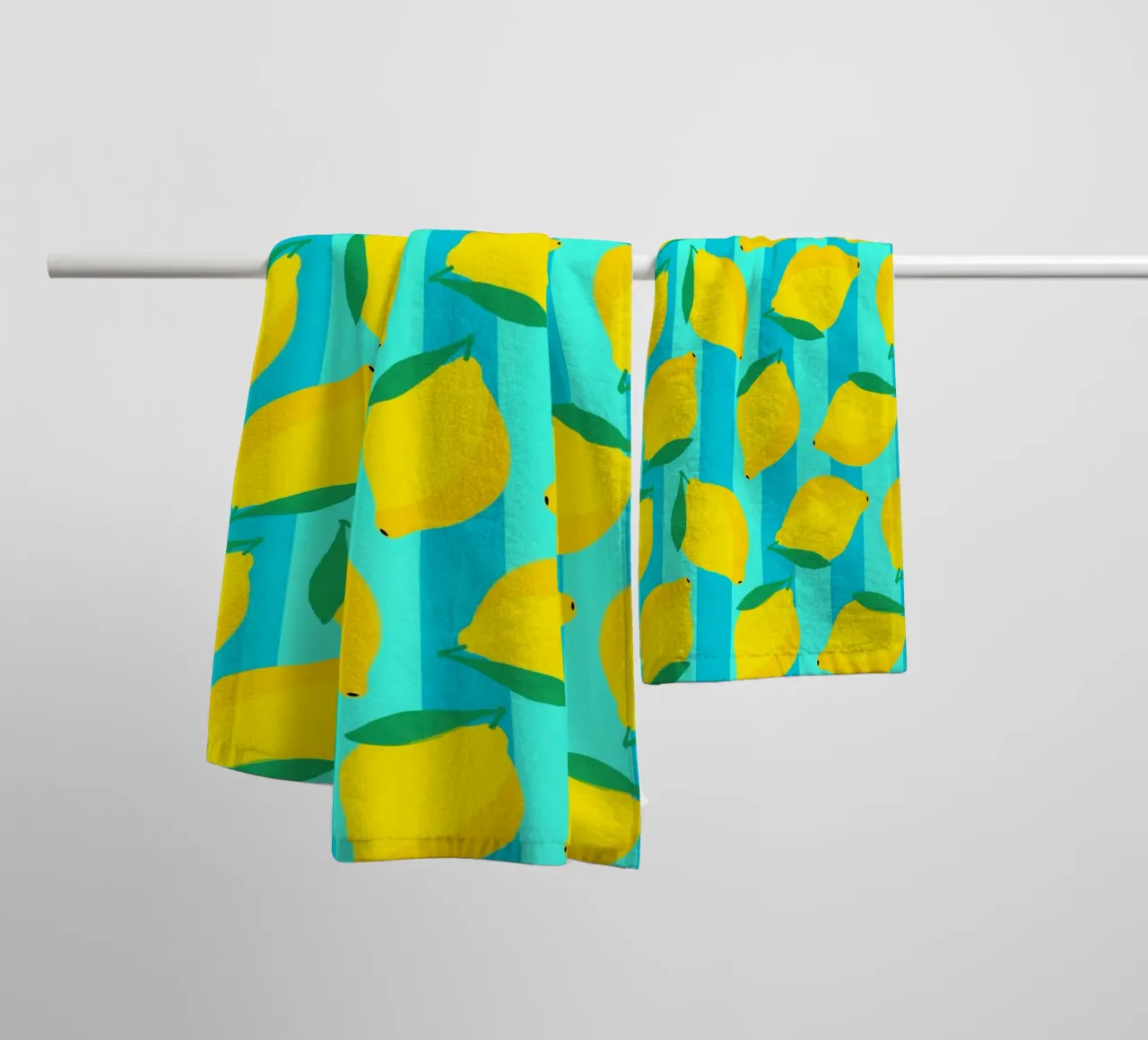 Lemons pattern on aqua and turquoise stripes towel by Dominique Vari