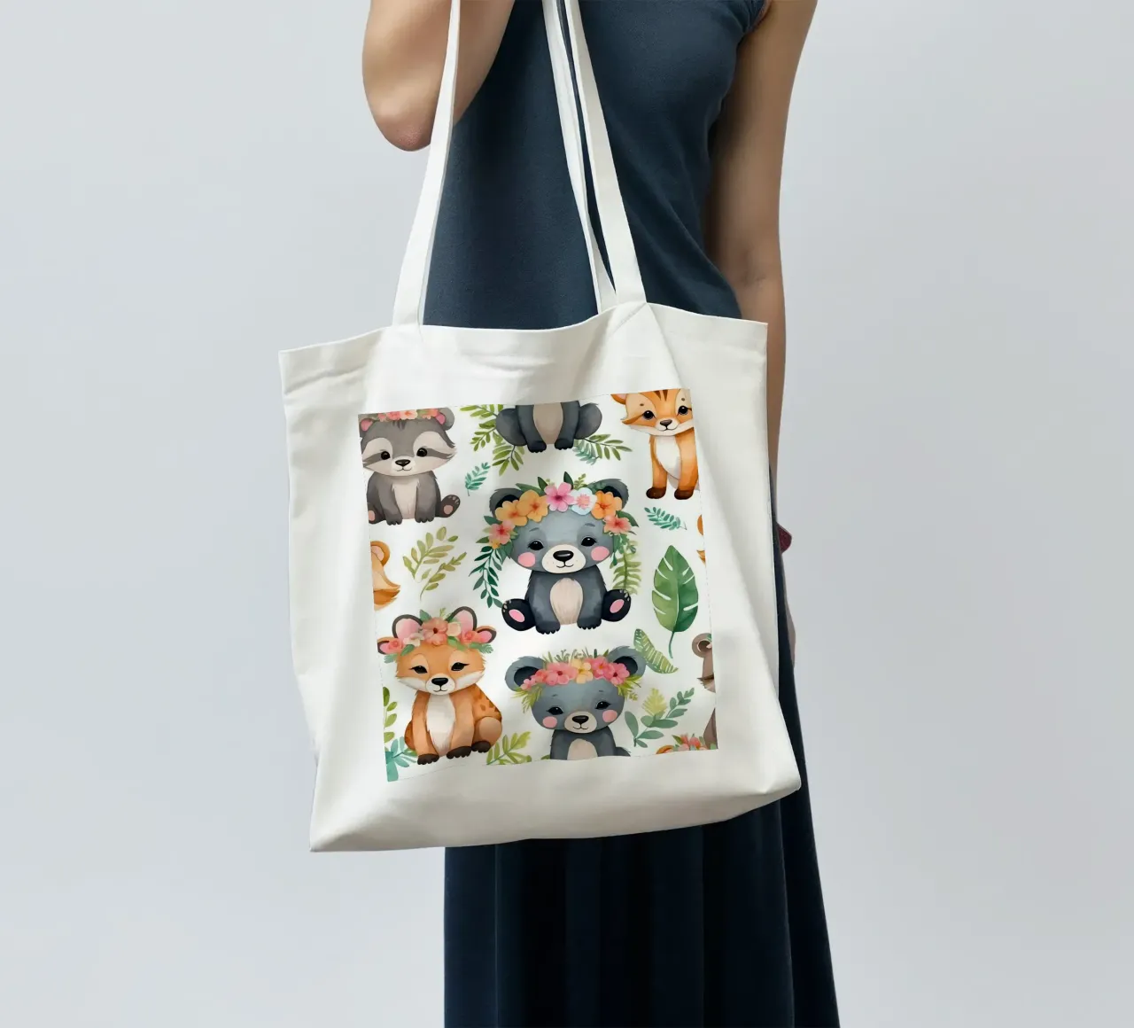 Cute animal illustrations featuring bears, foxes, & raccoons tote bag by DesignDoodle