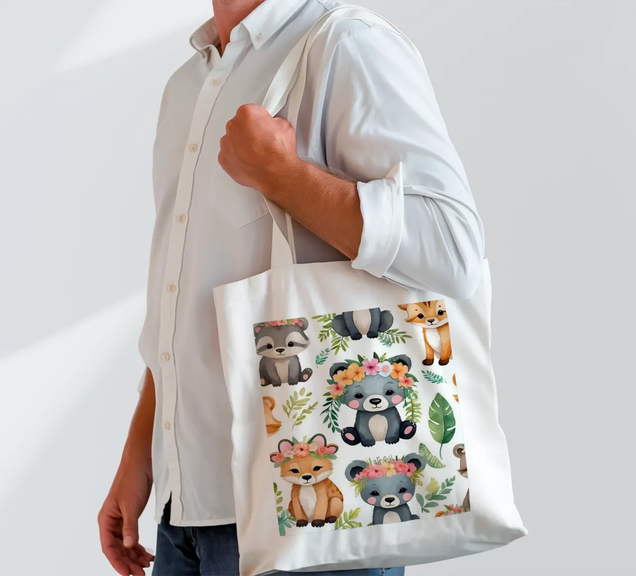 Cute animal illustrations featuring bears, foxes, & raccoons tote bag by DesignDoodle