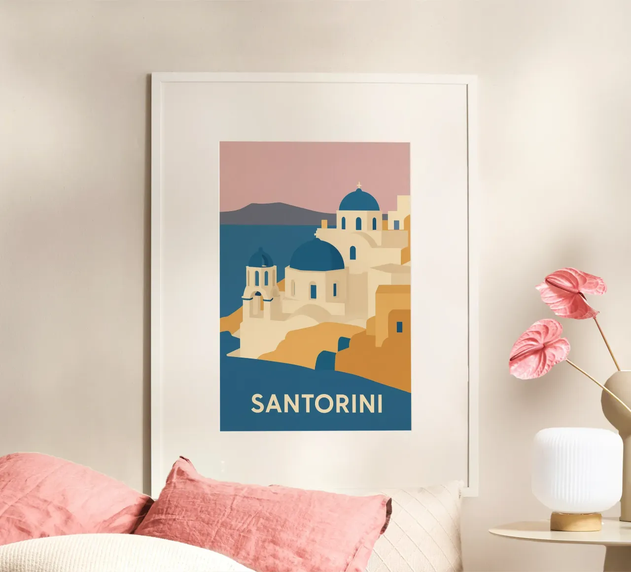 Santorin Grafik - Reise ins Herz der Blauen Kuppeln Poster von JETLAG | affiches voyage