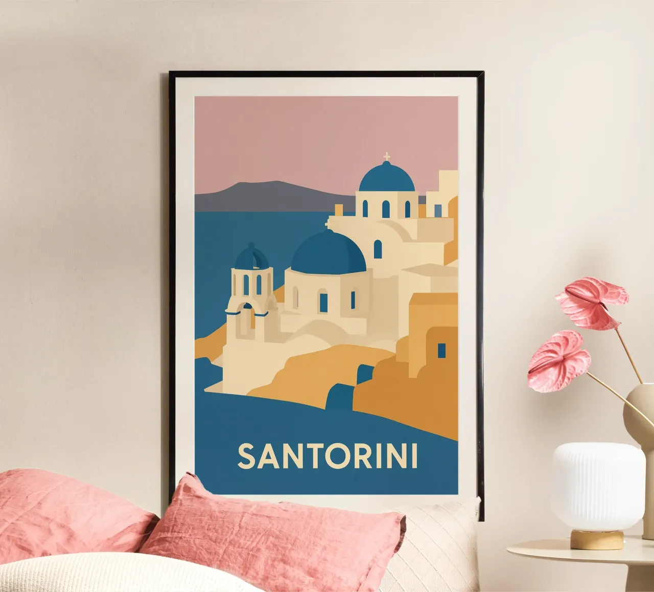Santorin Grafik - Reise ins Herz der Blauen Kuppeln Poster von JETLAG | affiches voyage