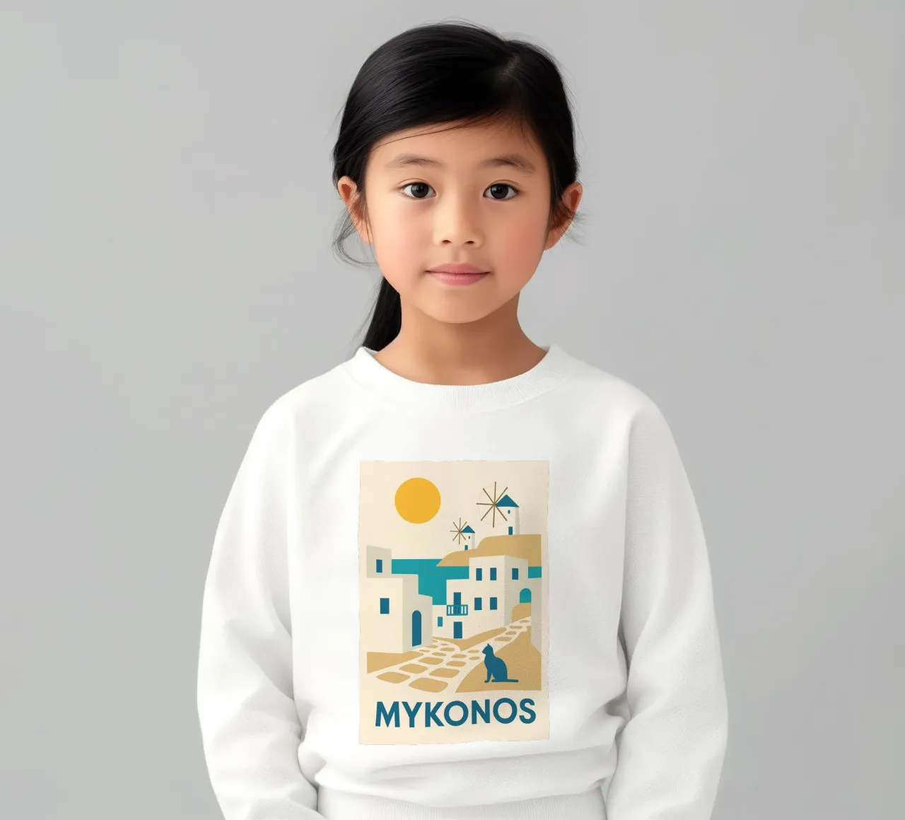 A sunny escape to Mykonos kids sweatshirt by JETLAG | affiches voyage