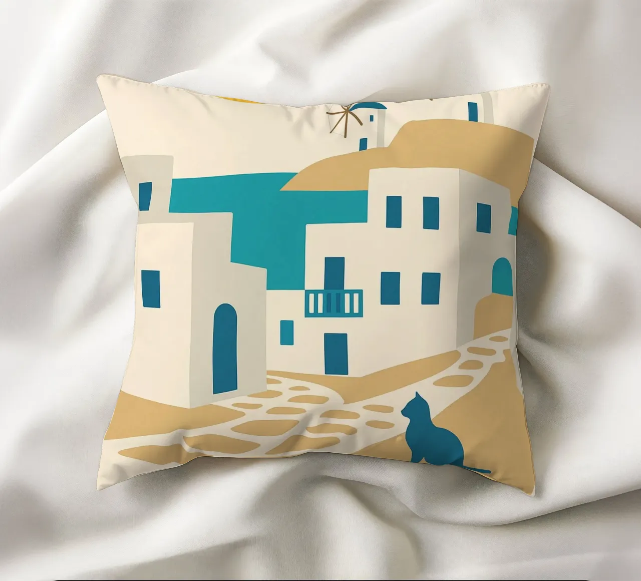 A sunny escape to Mykonos decorative cushion by JETLAG | affiches voyage