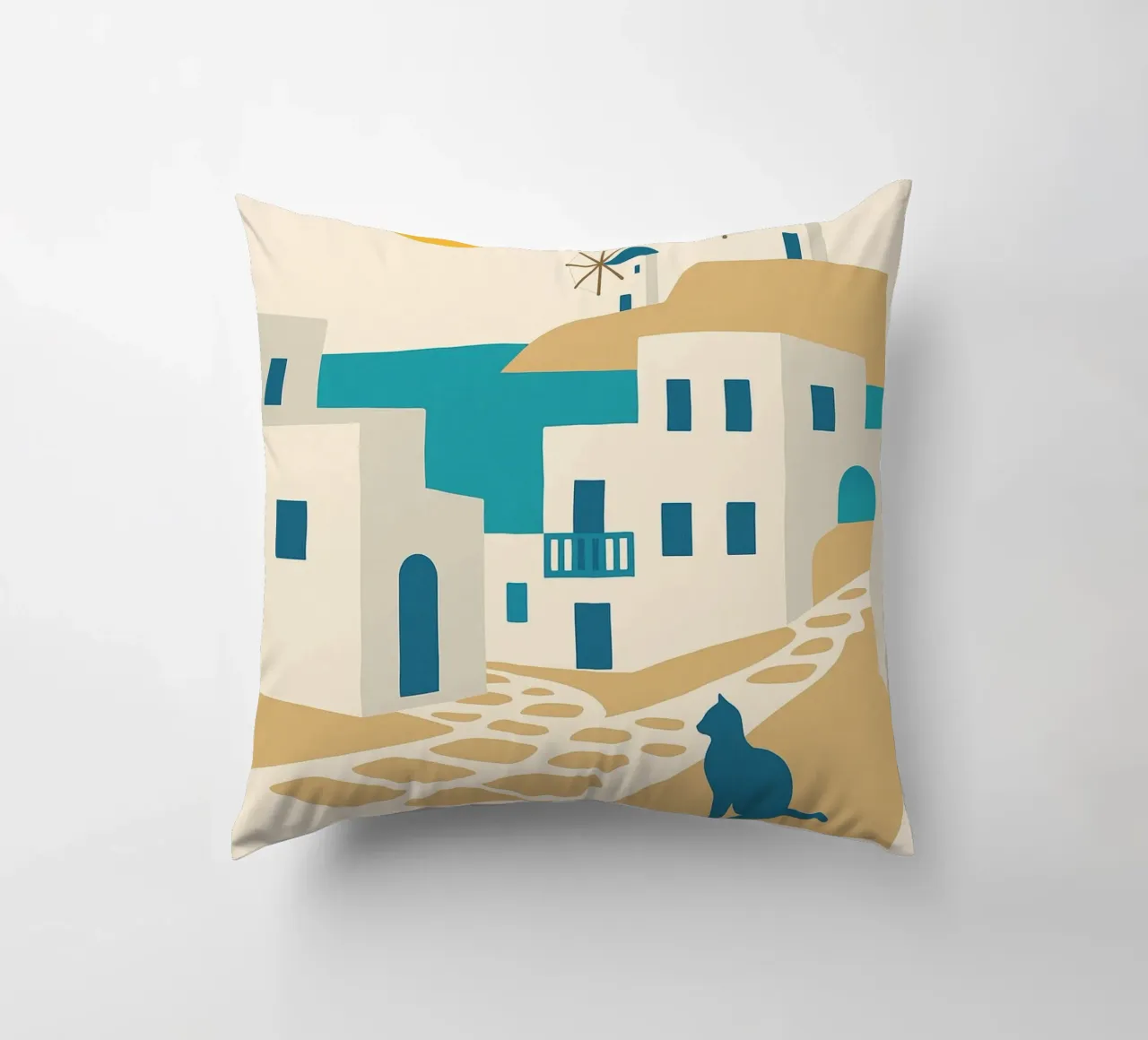 A sunny escape to Mykonos decorative cushion by JETLAG | affiches voyage