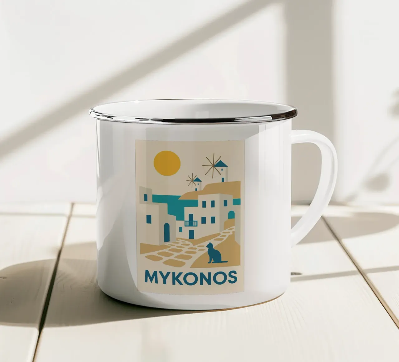 Una fuga di sole a Mykonos tazza in smalto da JETLAG | affiches voyage