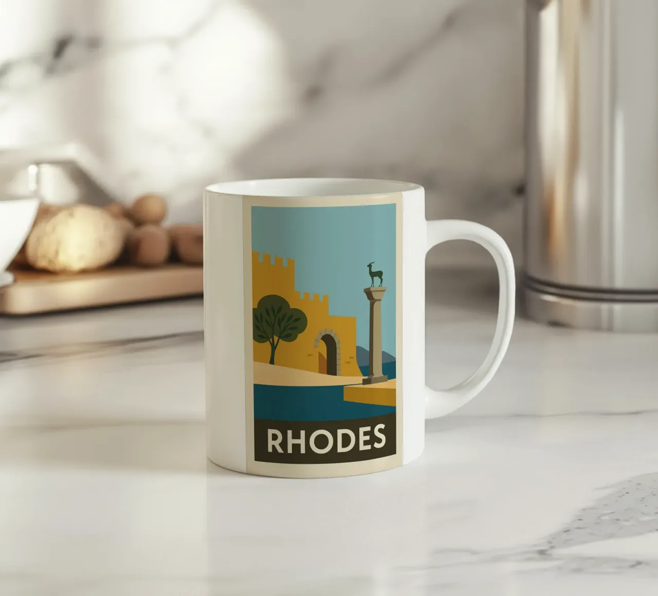 Rodi - Storia e luce in un poster greco retrò tazza in ceramica da JETLAG | affiches voyage