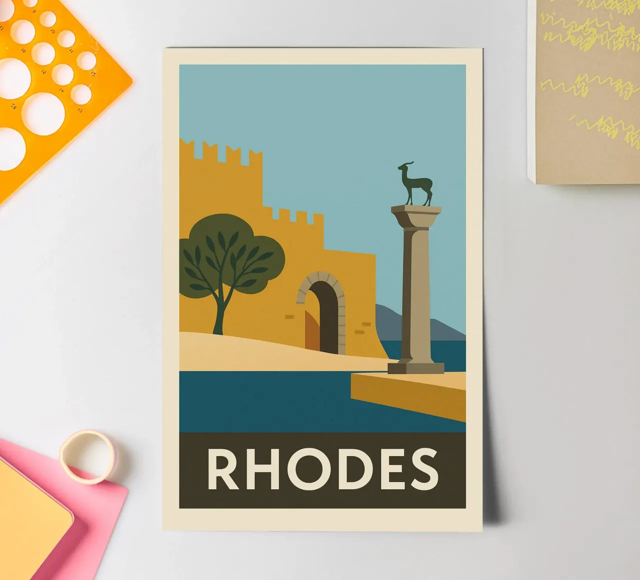 Rodi - Storia e luce in un poster greco retrò foglio adesivo da JETLAG | affiches voyage