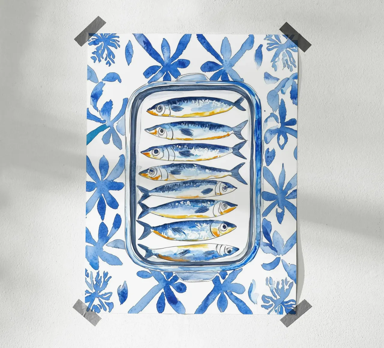 Sardines Fish Mediterranean Tile Boho Florals Bella Vita Art poster con telaio in plastica da Gentle Echoes Art
