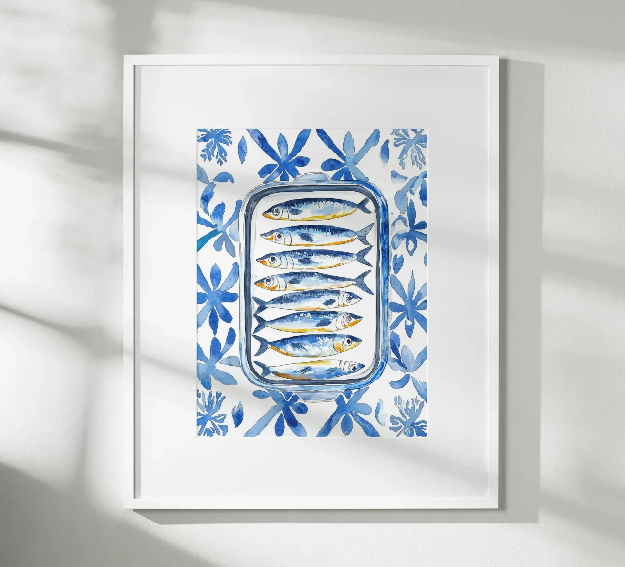 Sardines Fish Mediterranean Tile Boho Florals Bella Vita Art poster con telaio in plastica da Gentle Echoes Art