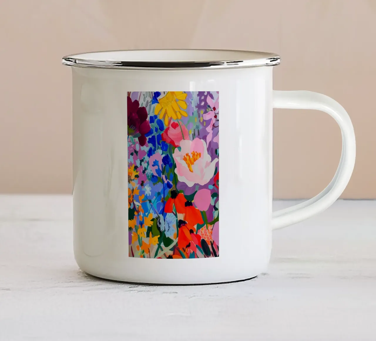 Bloemenprint, abstracte bloemsierkunst, kleurrijke muurkunst emaille mok van Boheme