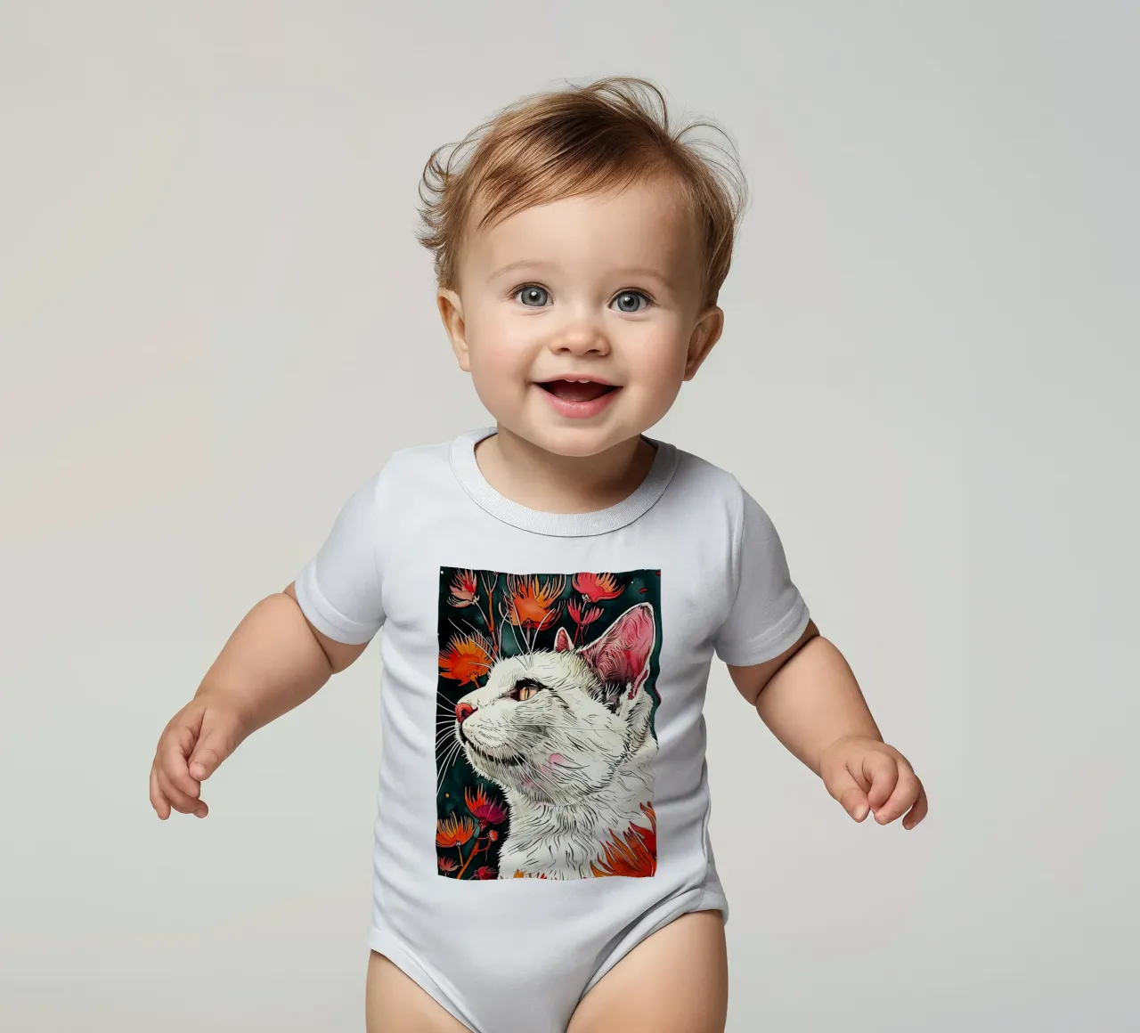 Cat Lucy short-sleeve baby romper by Lionmixart